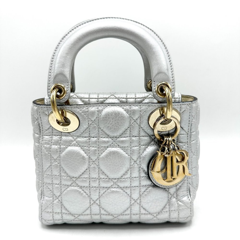 Dior Silver Lady Dior Quilted Tote with Gold Hardware
